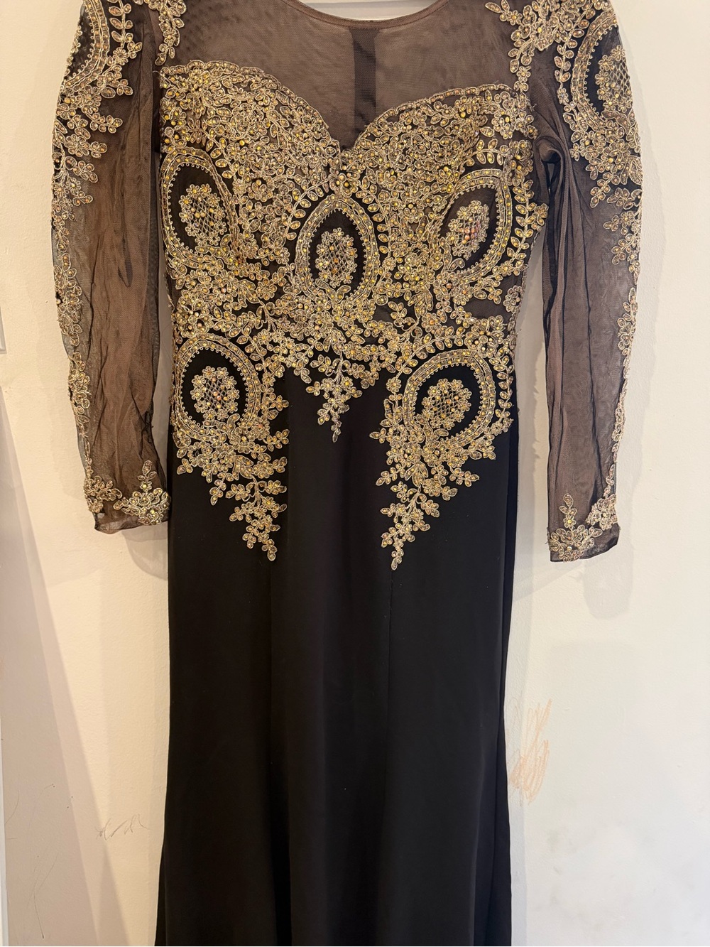 Embellished Black Evening Dress with Gold Appliqué